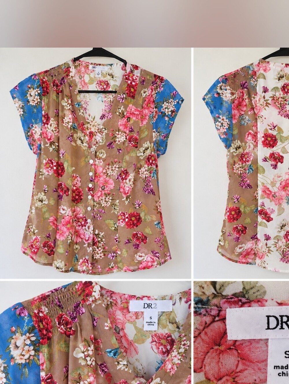 DR2 Multicolor Floral Cap-Sleeve Button Front Blouse